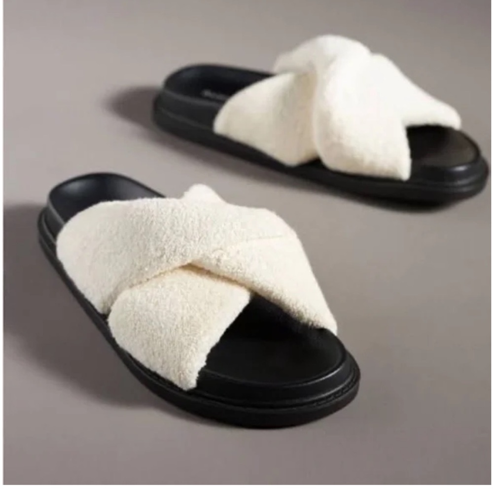 ANTHROPOLOGIE MAEVE Terry Slide Sandals In White Size 7 Ivory Black
